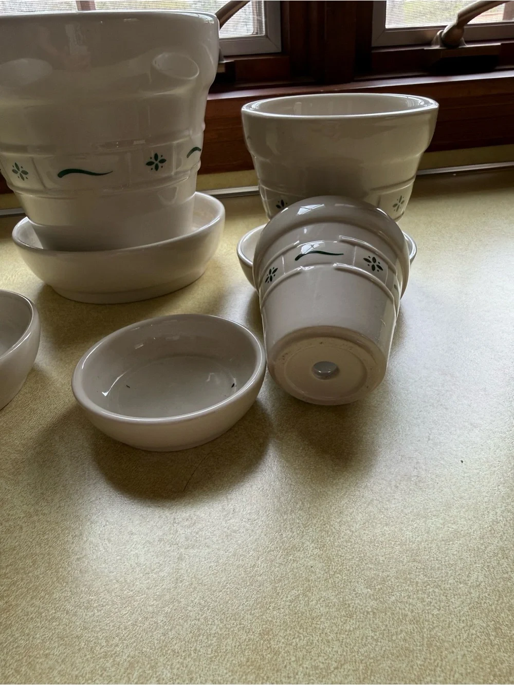 Longaberger White Ceramic Planter Set with Green Accent